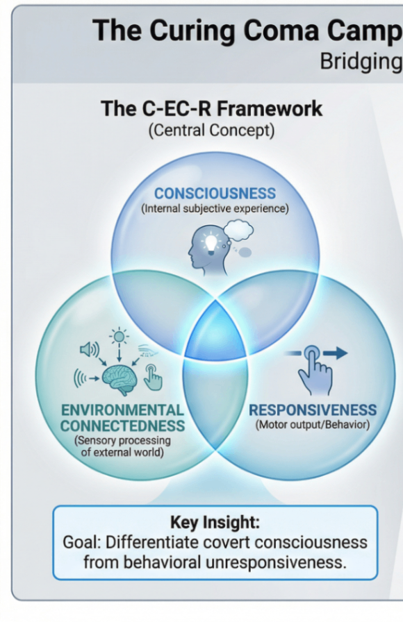 Conceptual framework linking neural mechanisms, diagnostics, and interventions in disorders of consciousness.